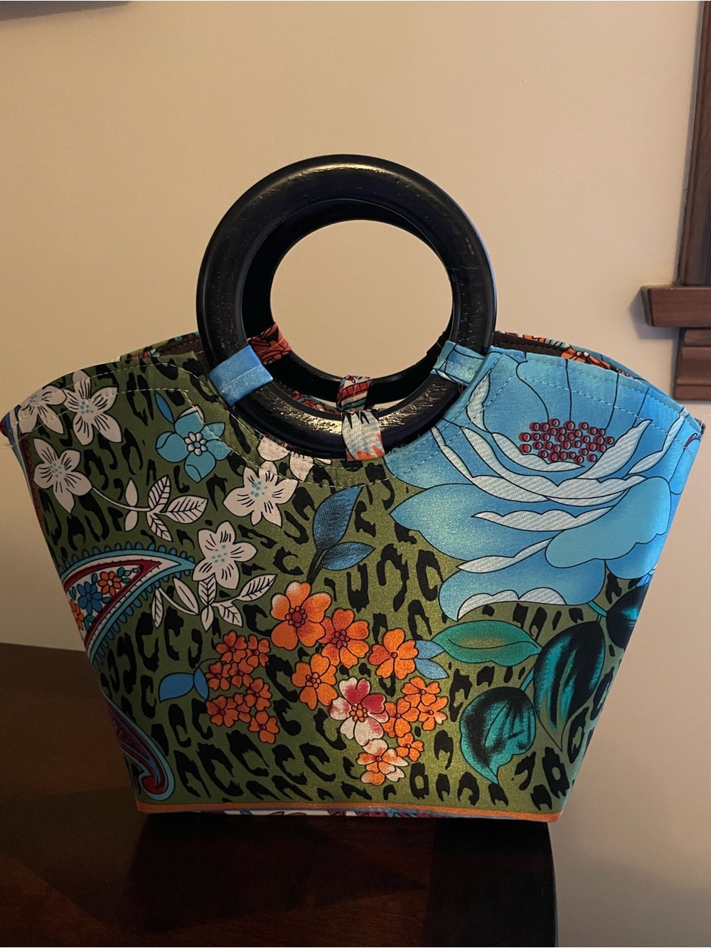 Floral Silk Leopard Print Circle-Handle Tote Bag - Multicolor